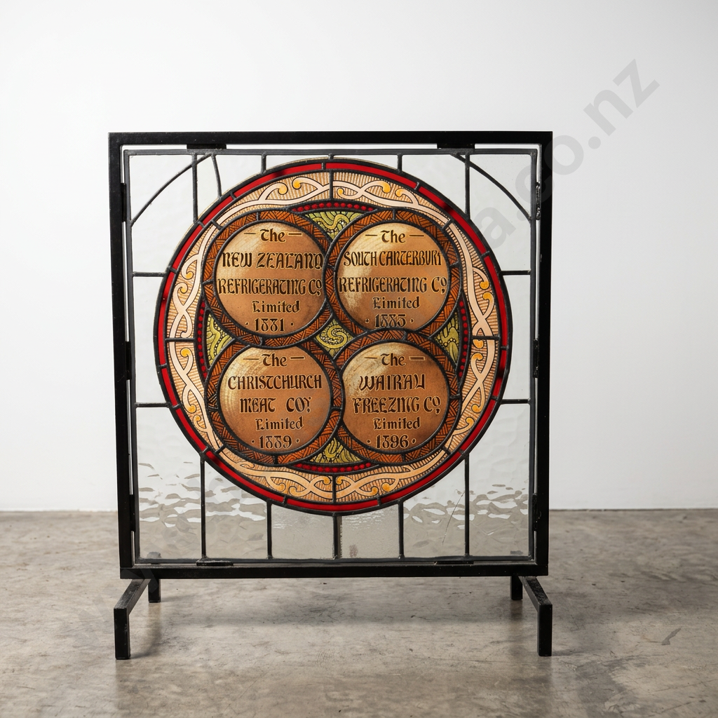 Antique Lead Light Stained Glass Window from the NZ Refrigerating Co. Ltd Christchurch - Illuminated Image 1++