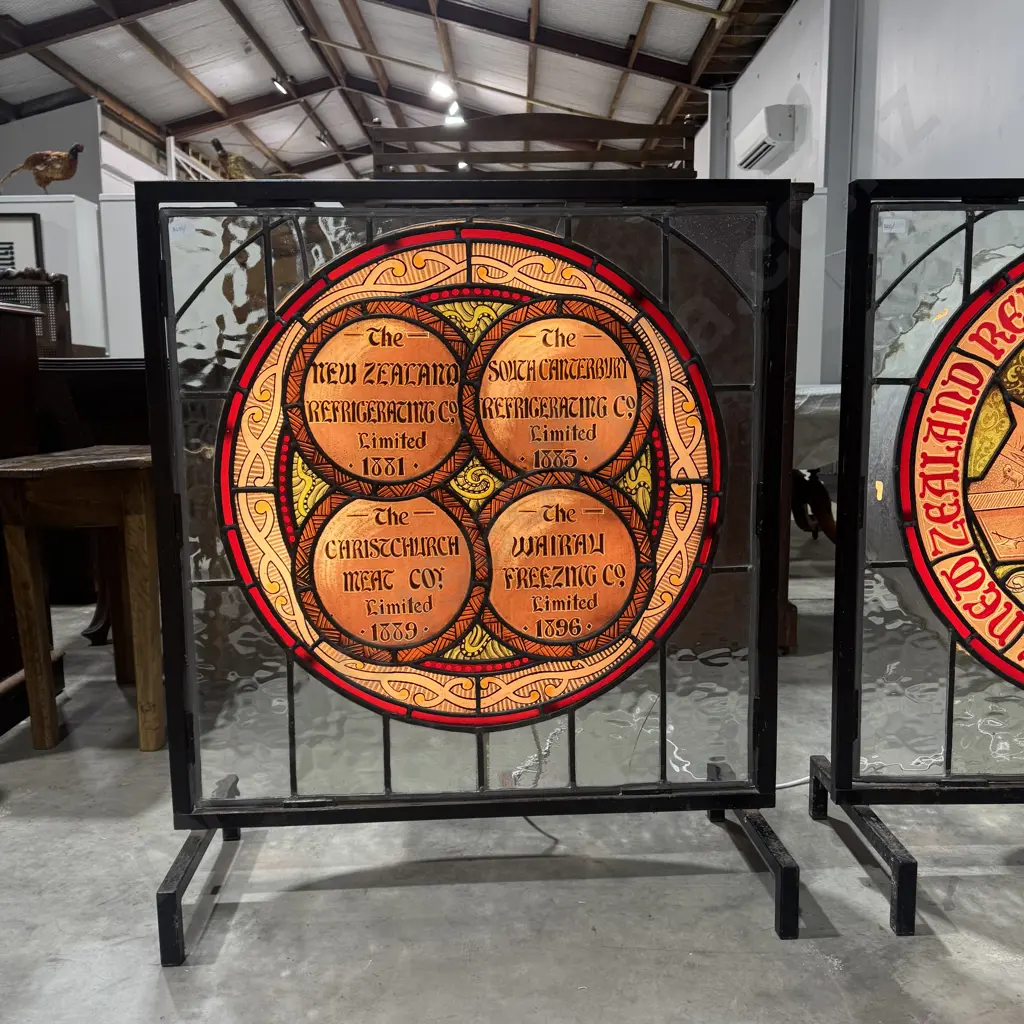 Antique Lead Light Stained Glass Window from the NZ Refrigerating Co. Ltd Christchurch - Illuminated Image 1++