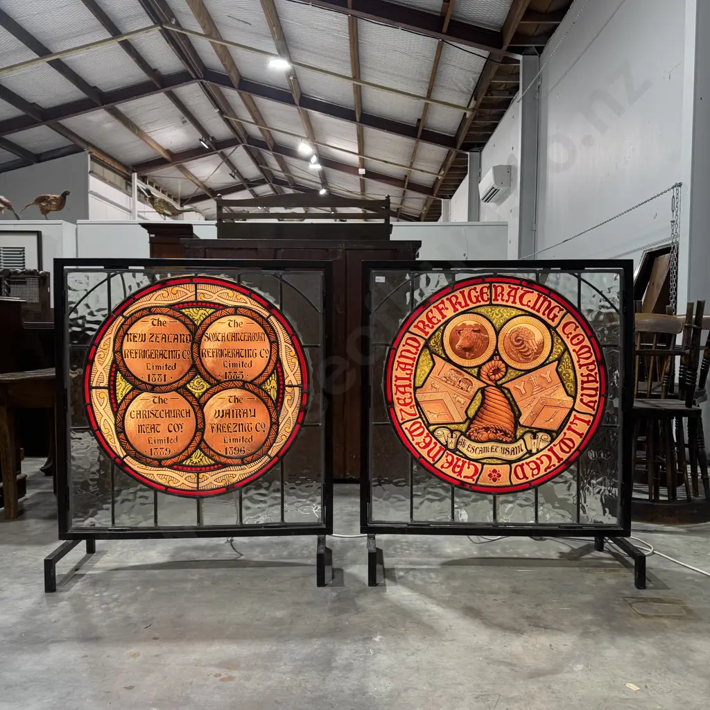 Antique Lead Light Stained Glass Window from the NZ Refrigerating Co. Ltd Christchurch - Illuminated Image 1++