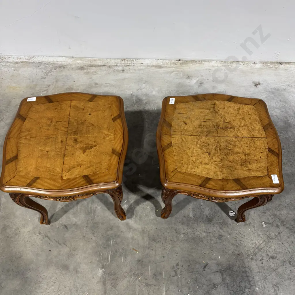 Pair of Vintage Style French Side Tables w kCross Banded Top Carved Frieze & Cabriole Legs Image 1++
