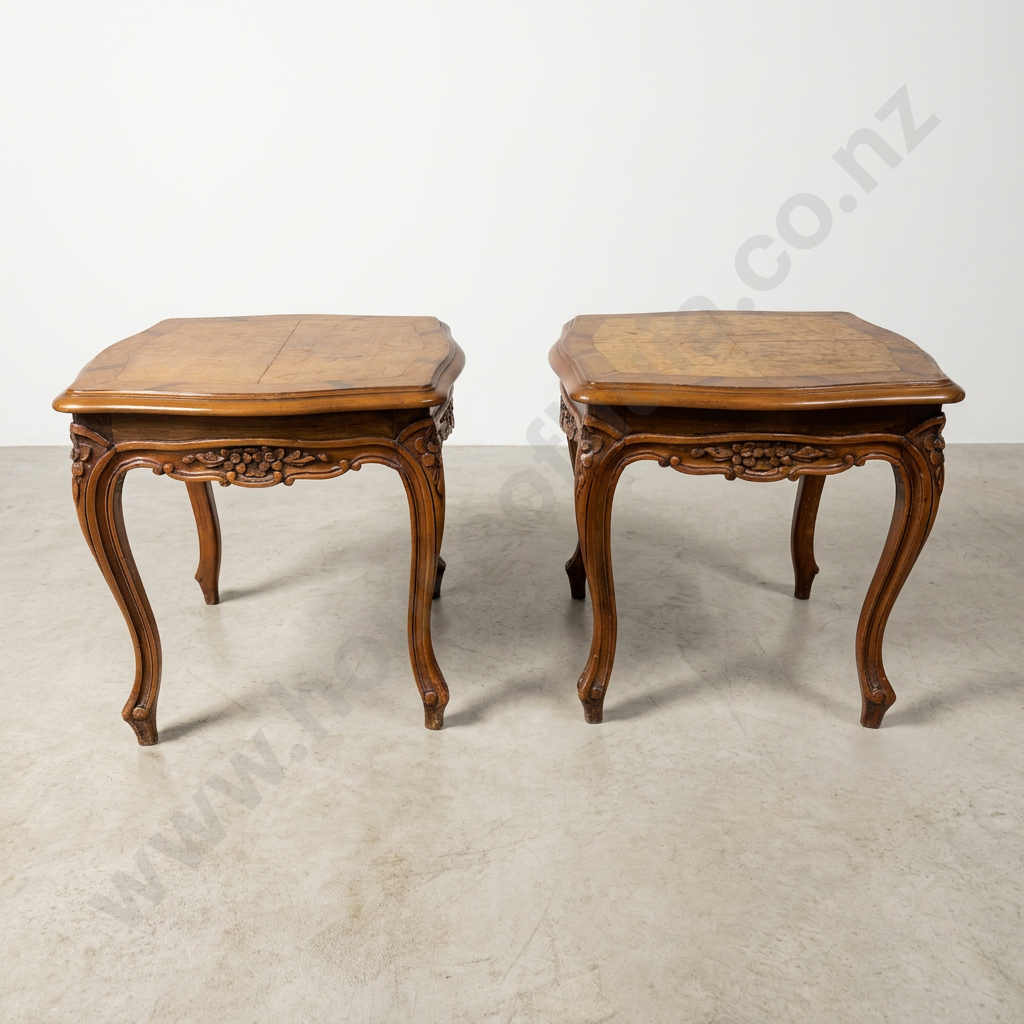 Pair of Vintage Style French Side Tables w kCross Banded Top Carved Frieze & Cabriole Legs Image 1++