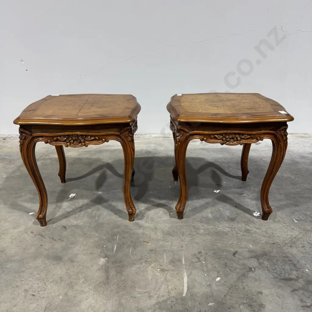 Pair of Vintage Style French Side Tables w kCross Banded Top Carved Frieze & Cabriole Legs Image 1++