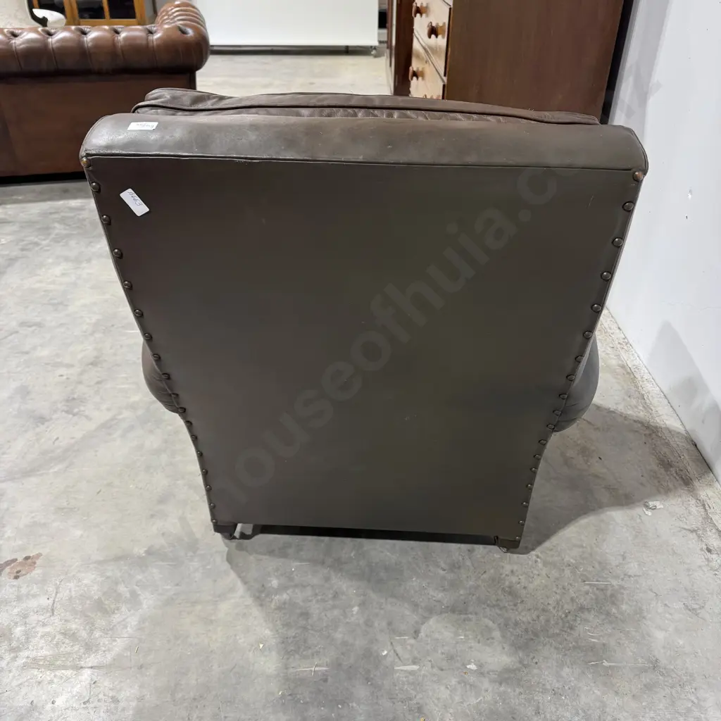 Vintage Brown Leather Club Chair w Half Bun Feet on Castors, Possibly Leather Image 1++