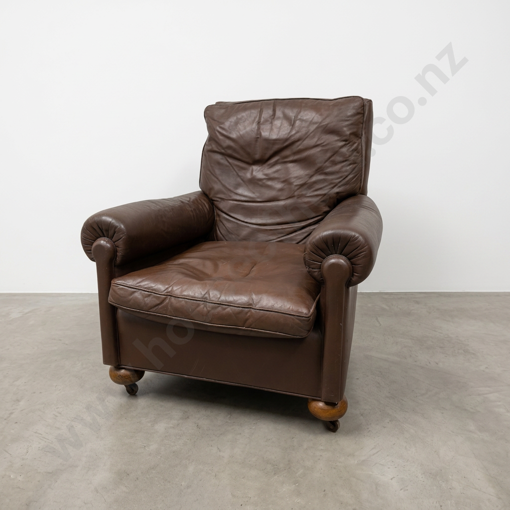 Vintage Brown Leather Club Chair w Half Bun Feet on Castors, Possibly Leather Image 1++