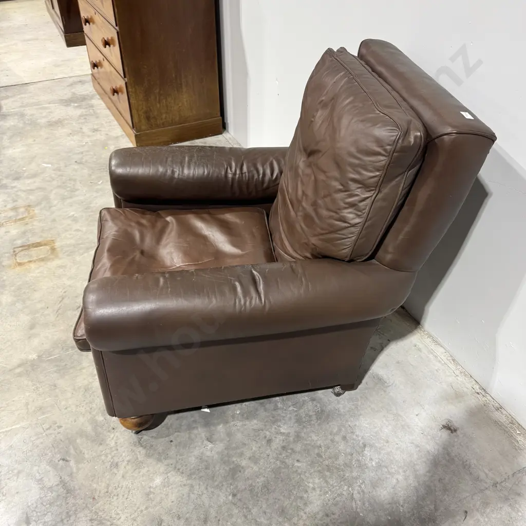 Vintage Brown Leather Club Chair w Half Bun Feet on Castors, Possibly Leather Image 1++