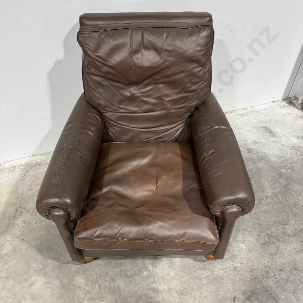 Vintage Brown Leather Club Chair w Half Bun Feet on Castors, Possibly Leather Image 1++