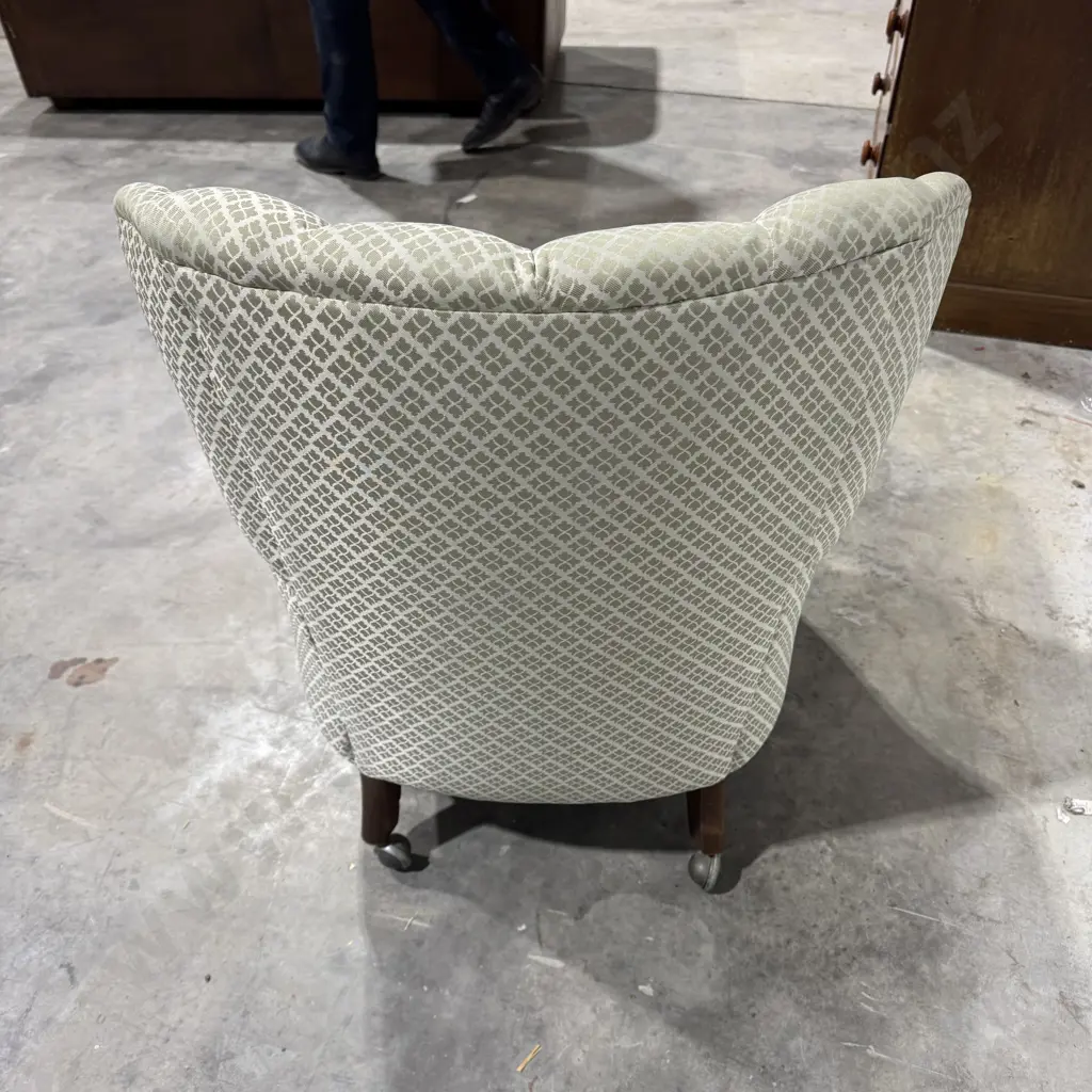 Vintage Fluted Back Armchair w Green Patterned Upholstery & Wooden Front Legs Terminating in Castor Image 1++