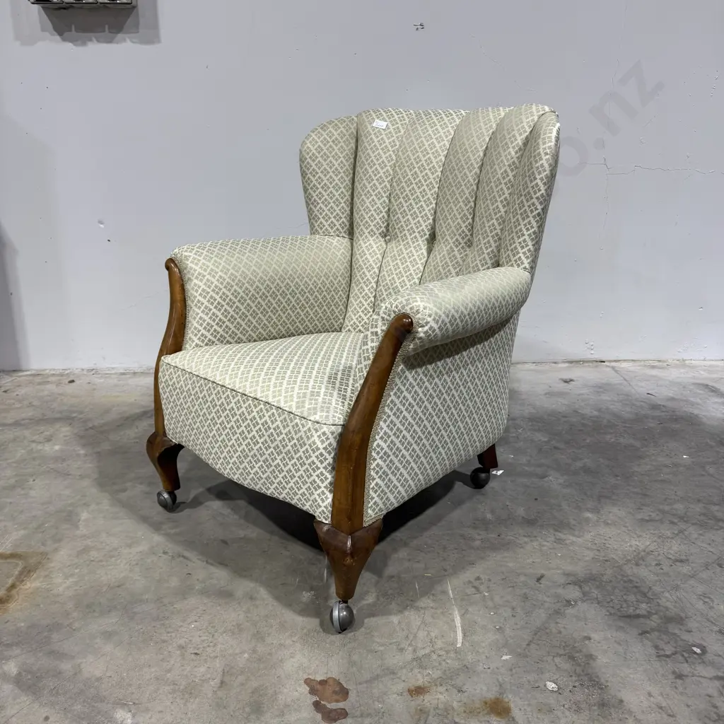 Vintage Fluted Back Armchair w Green Patterned Upholstery & Wooden Front Legs Terminating in Castor Image 1++