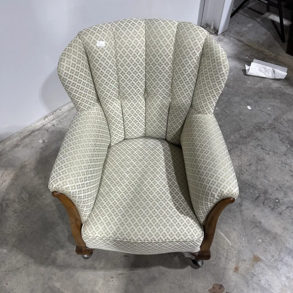 Vintage Fluted Back Armchair w Green Patterned Upholstery & Wooden Front Legs Terminating in Castor Image 1++