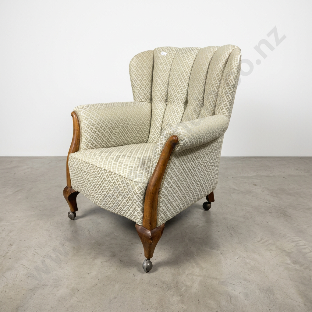 Vintage Fluted Back Armchair w Green Patterned Upholstery & Wooden Front Legs Terminating in Castor Image 1++