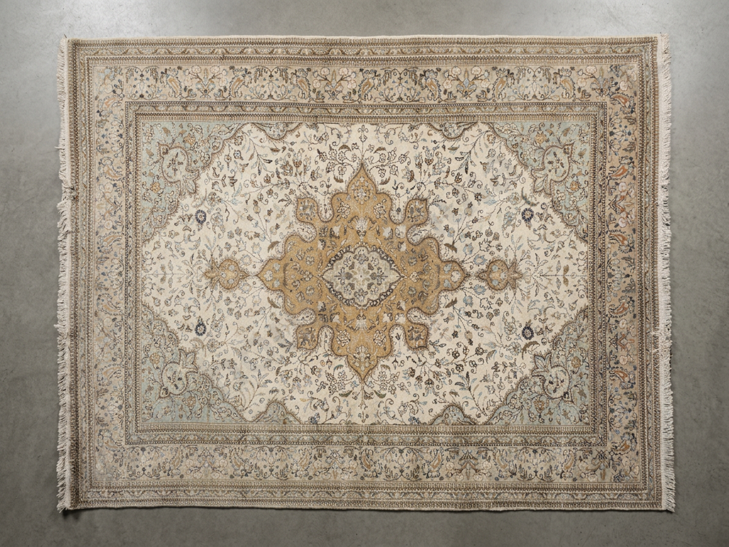 Iranian Tabba Tabriz Rug w Central Medallion on a Beige Field w Green Accents Image 1++