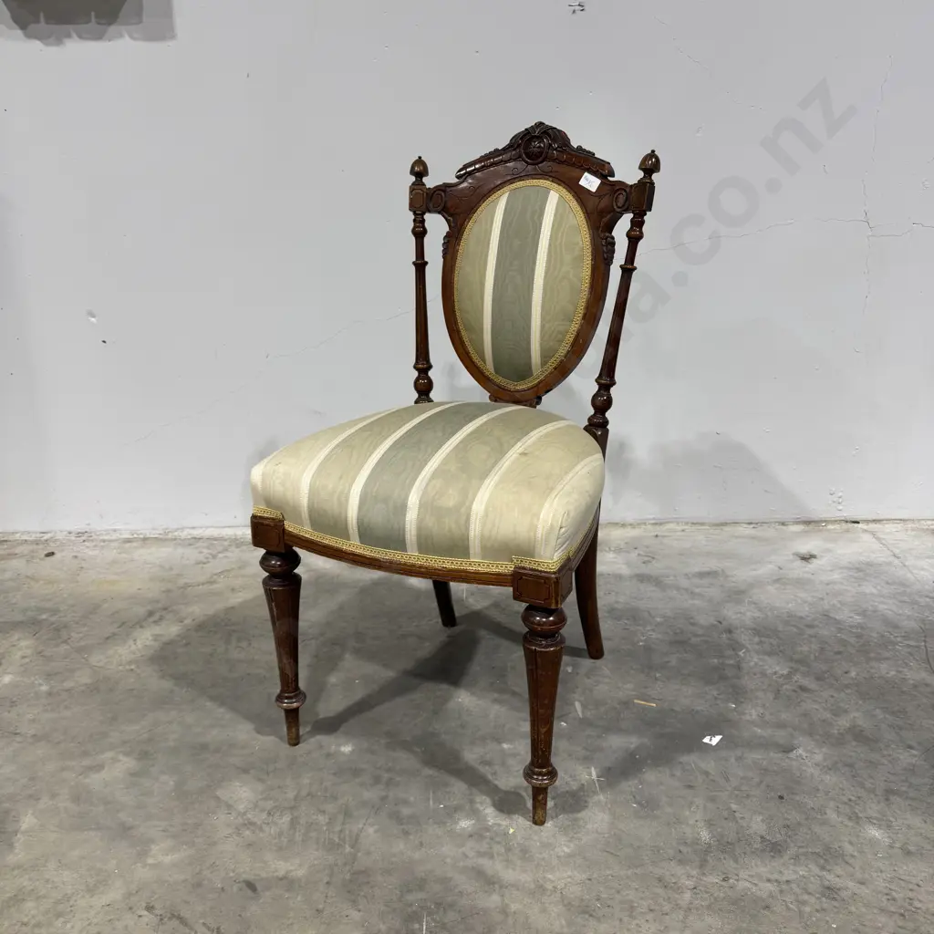 Victorian Walnut Cameo Back Bedroom or Occasional Chair w Striped Green & Cream Upholstery Image 1++