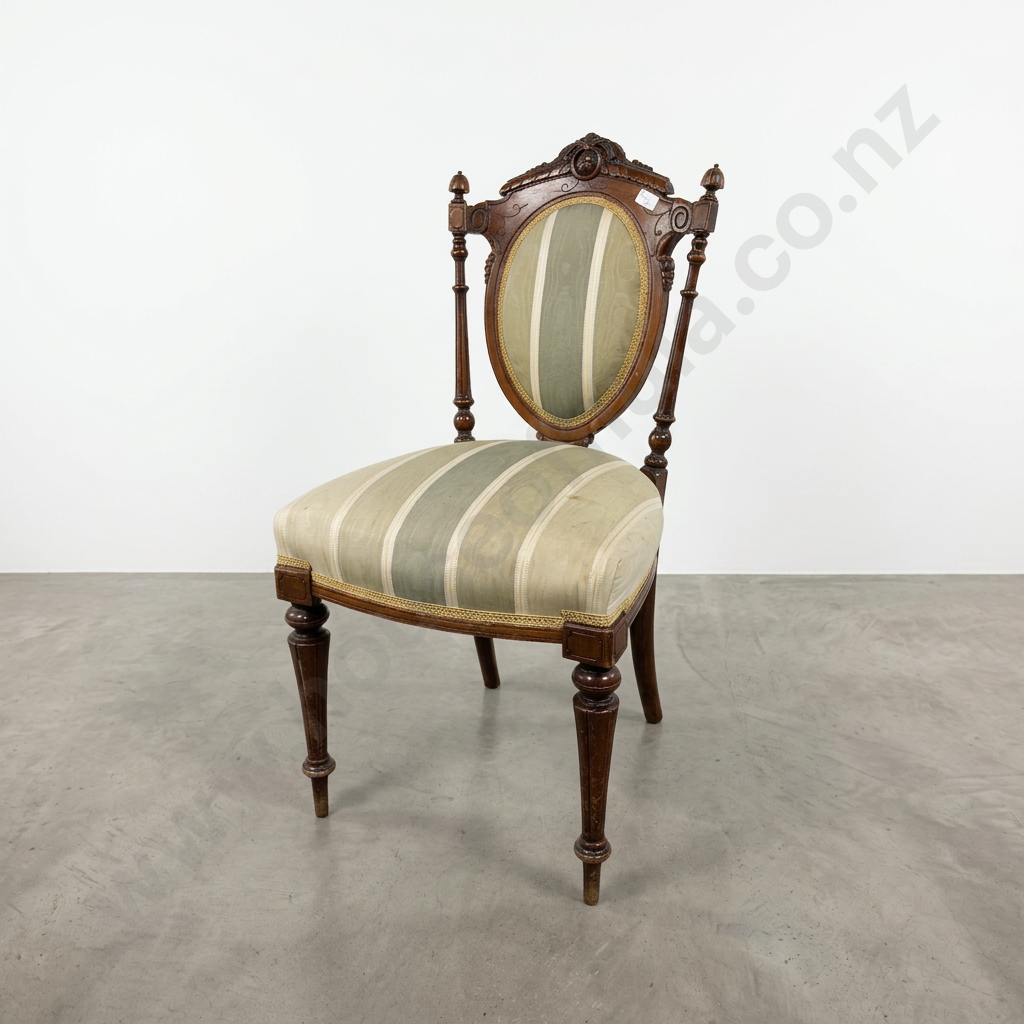 Victorian Walnut Cameo Back Bedroom or Occasional Chair w Striped Green & Cream Upholstery Image 1++
