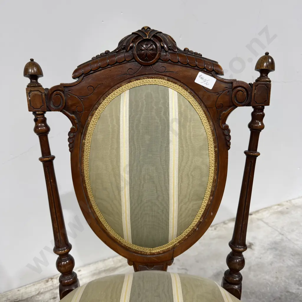 Victorian Walnut Cameo Back Bedroom or Occasional Chair w Striped Green & Cream Upholstery Image 1++