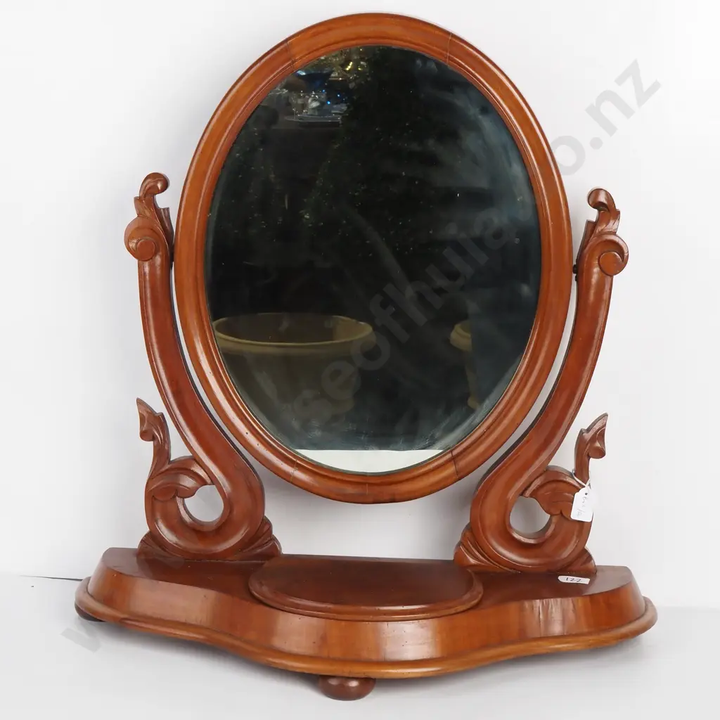 Victorian Mahogany Swing Mirror w Elegant Scroll Supports, a Shaped Base & Lift up Jewellery Compartment Image 1++