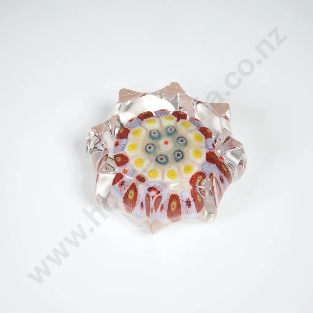 Vintage Strathearn Scottish Millefiori Glass Paperweight w Floral Canes in Red Blue & Yellow Image 1++