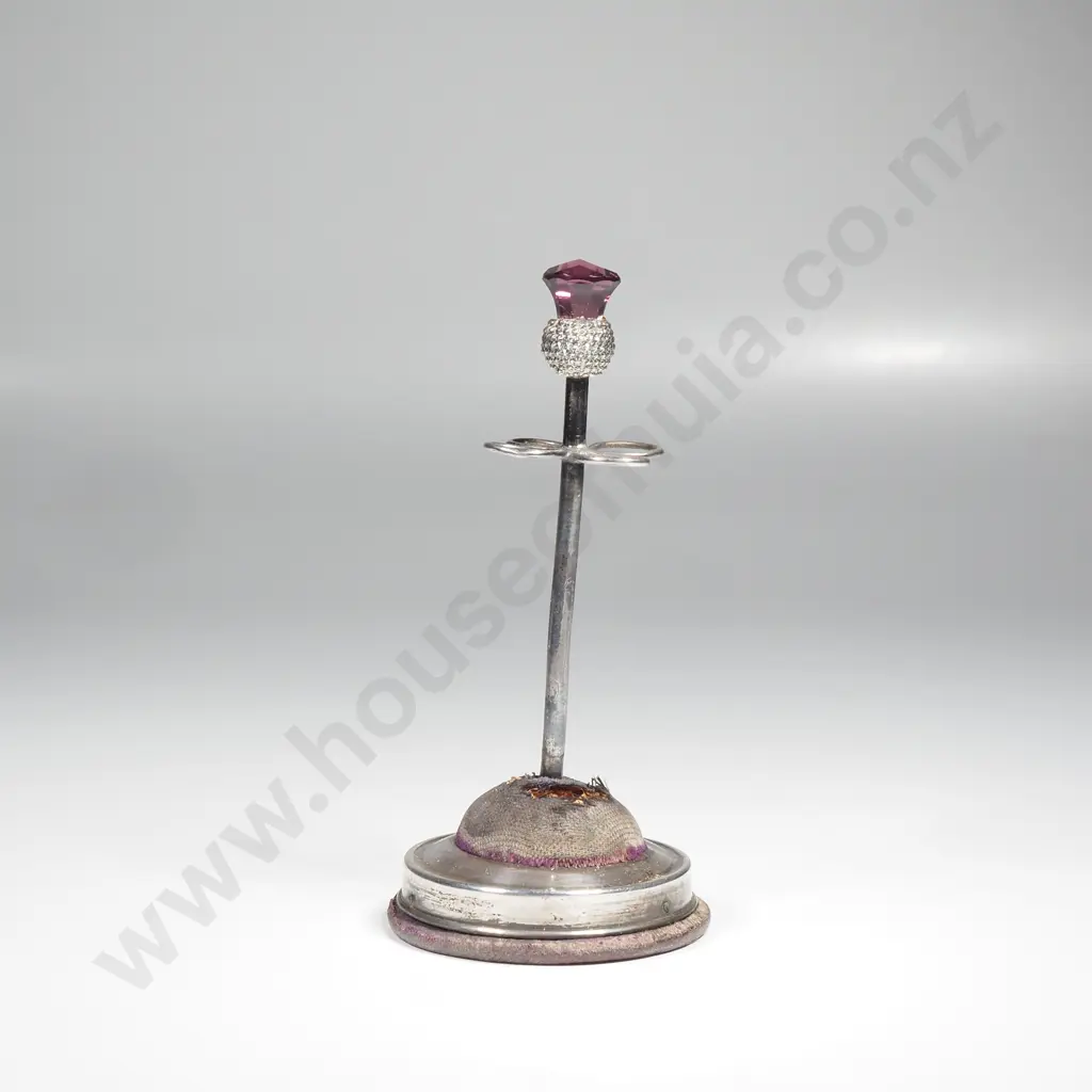 Sterling Silver Scottish Themed Hat Pin Holder w Thistle Terminal & Amethyst Coloured Glass Finial Image 1++