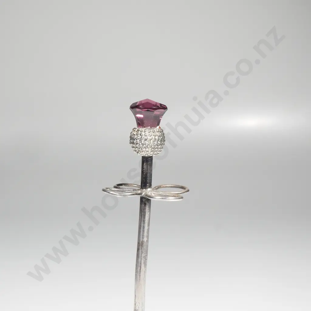 Sterling Silver Scottish Themed Hat Pin Holder w Thistle Terminal & Amethyst Coloured Glass Finial Image 1++