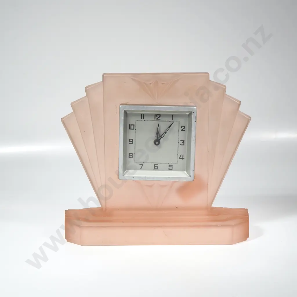 Vintage Pink Frosted Art Deco Mantel Clock w Fanburst Design Image 1++