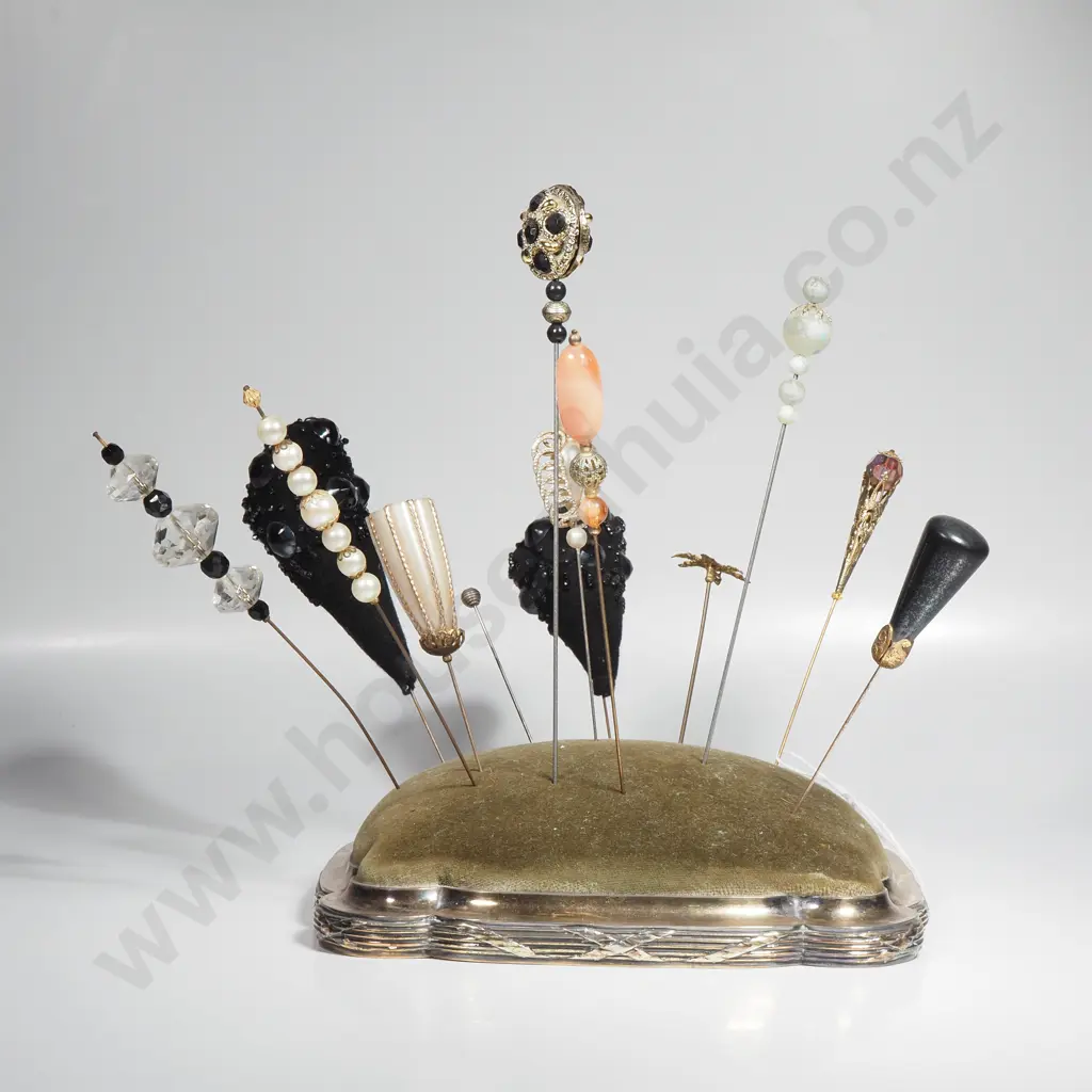 Impressive Sterling Silver Hat Pin Stand w Selection of Antique Hat Pins Image 1++