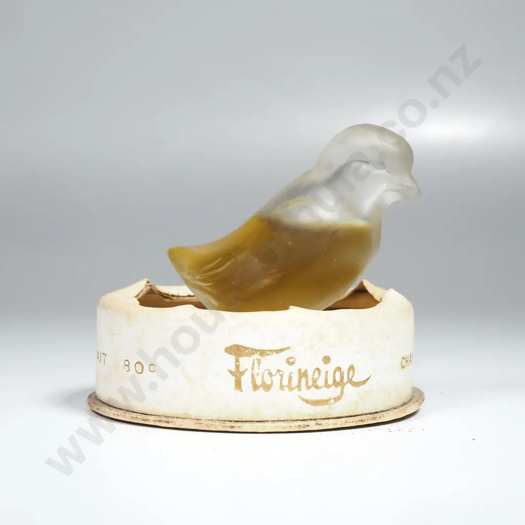 Rare Vintage French Miniature House of Florineige Paris Perfume Bottle w a Frosted Glass Bird Resting on Packaging Image 1++