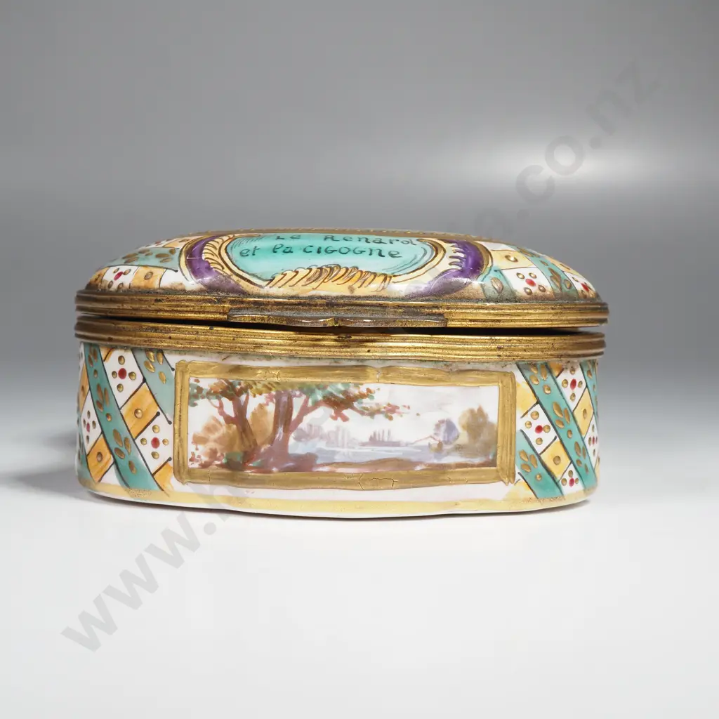 Antique French Sceaux Porcelain Trinket Box w Ormulu Mounts Depicting the Fable ' Fox & The Stork' Image 1++