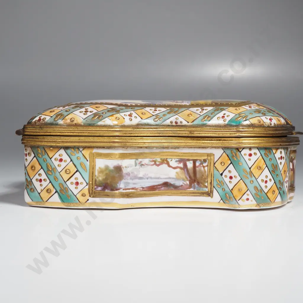 Antique French Sceaux Porcelain Trinket Box w Ormulu Mounts Depicting the Fable ' Fox & The Stork' Image 1++