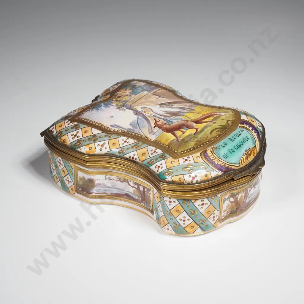 Antique French Sceaux Porcelain Trinket Box w Ormulu Mounts Depicting the Fable ' Fox & The Stork' Image 1++