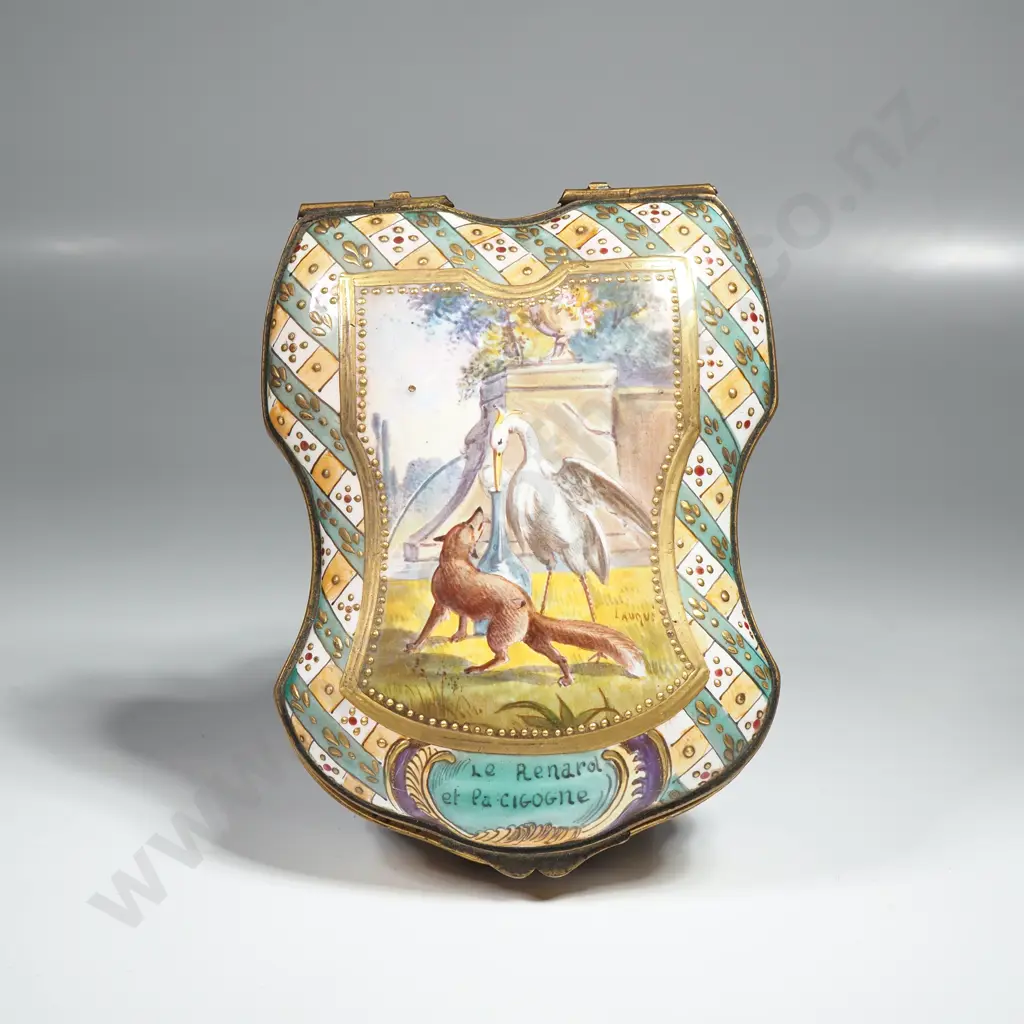 Antique French Sceaux Porcelain Trinket Box w Ormulu Mounts Depicting the Fable ' Fox & The Stork' Image 1++