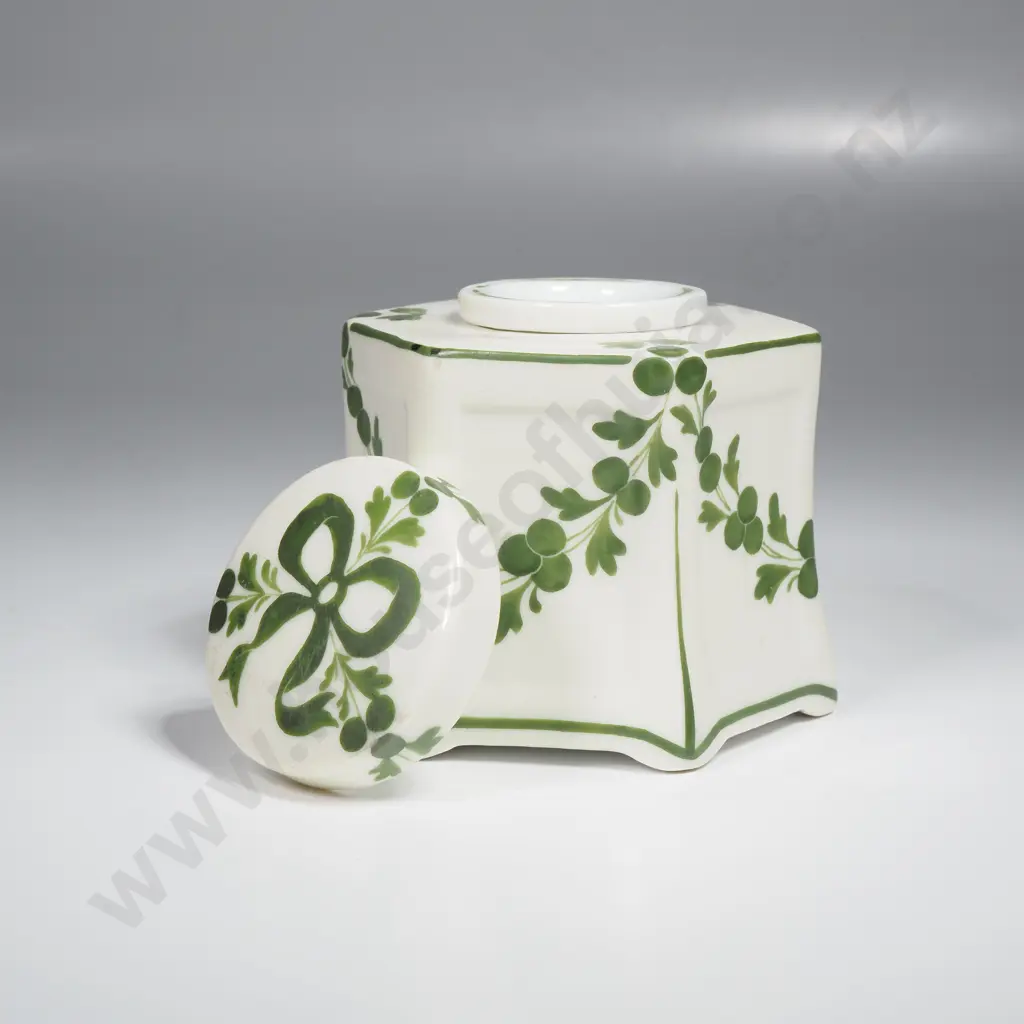 French Fluted Hexagonal China Inkwell Decorated w Green Vine Motif Image 1++