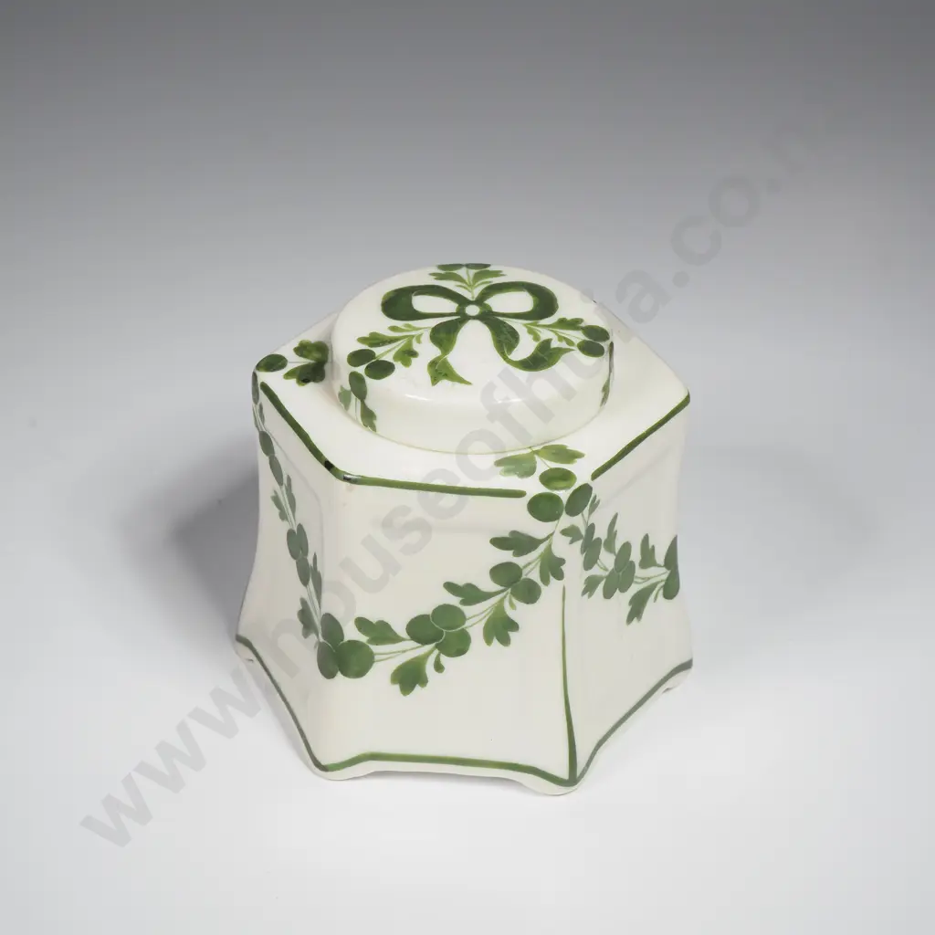 French Fluted Hexagonal China Inkwell Decorated w Green Vine Motif Image 1++