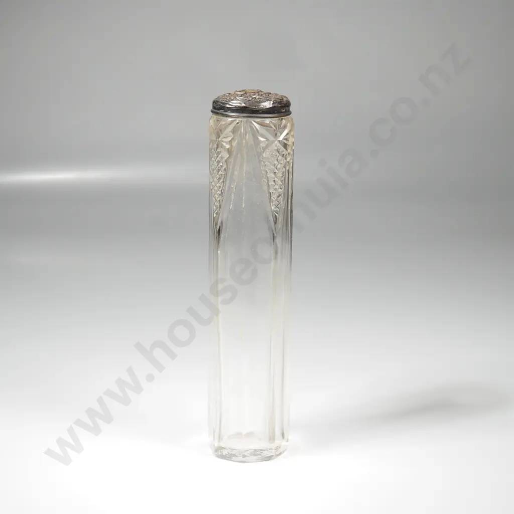 Sterling Silver & Faceted Glass Toilet Jar/ Hatpin Holder w Embossed Lid Image 1++