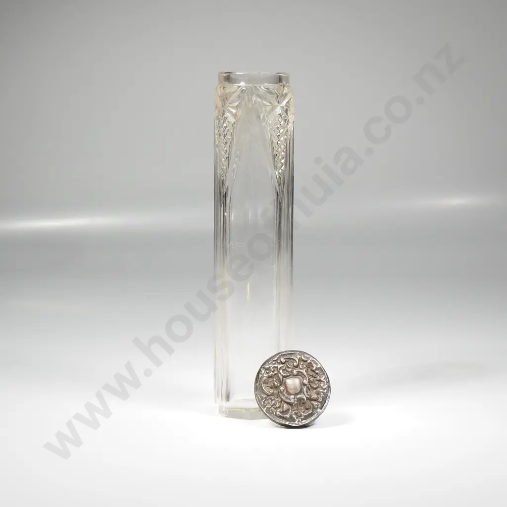 Sterling Silver & Faceted Glass Toilet Jar/ Hatpin Holder w Embossed Lid Image 1++