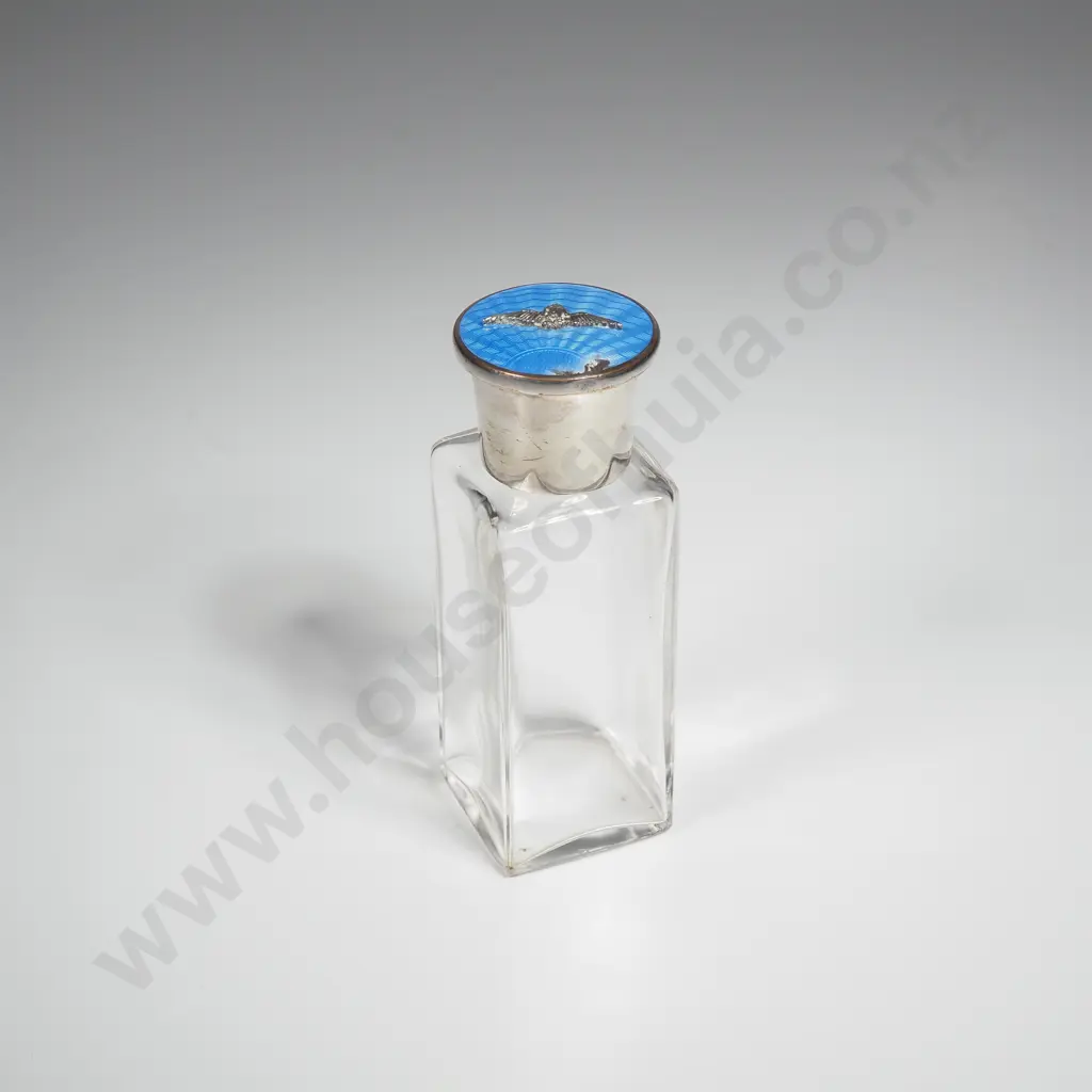 S/P Engine Turned Enamel Topped RAF Crested Scent Bottle A/F Image 1++