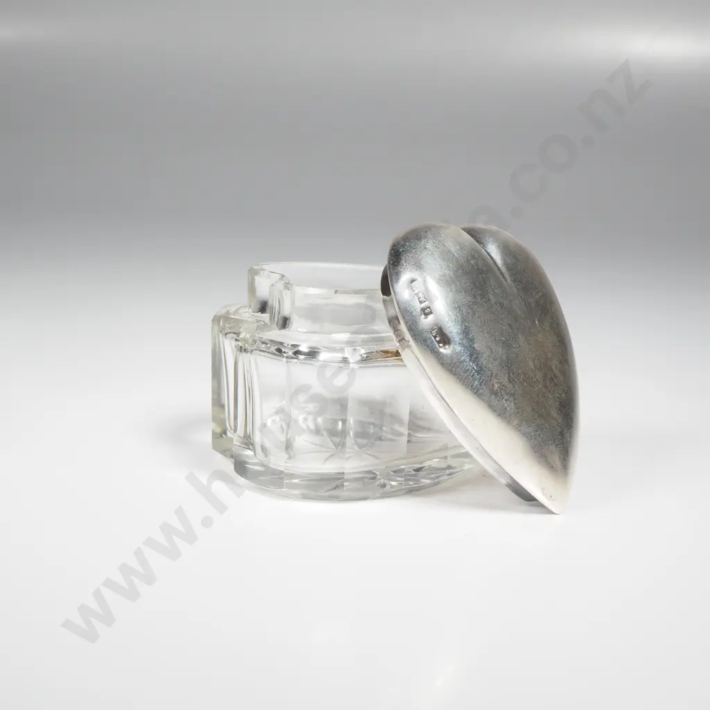 Heart shaped cut glass dressing table container with sterling silver top, HM Birmingham 1902 Image 1++