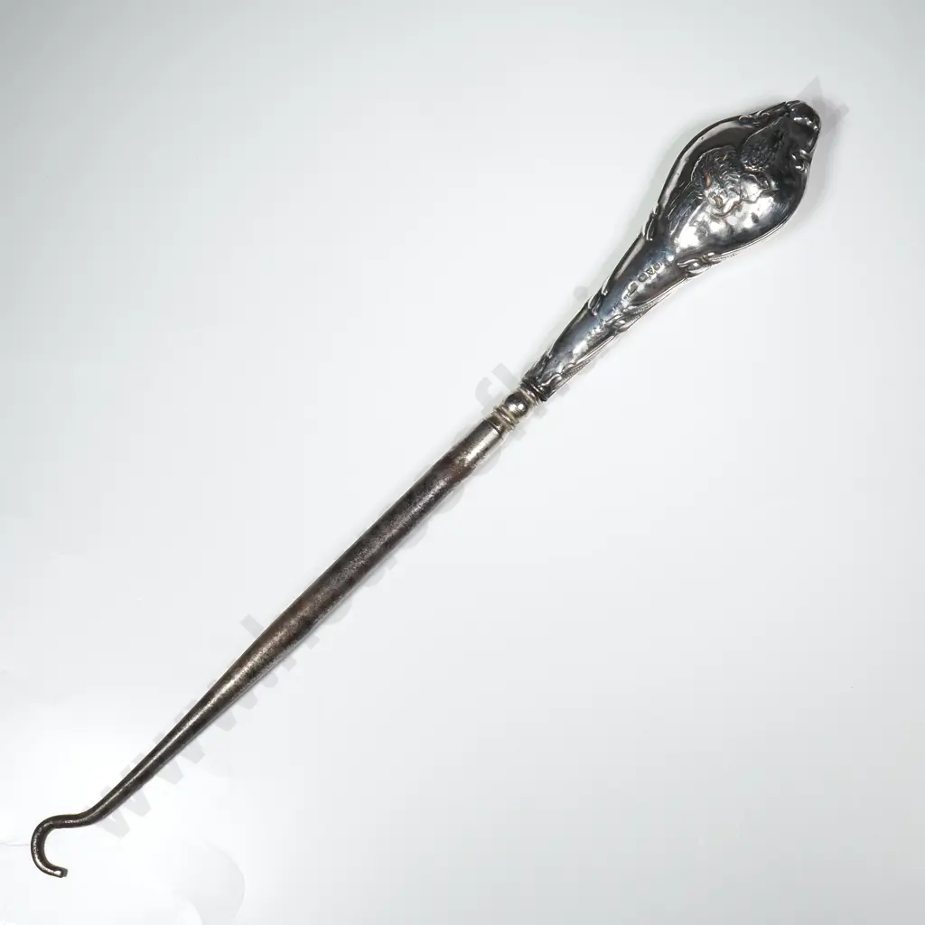 Long Sterling Silver Handled Boot Hook w Cupid Pattern Handle Image 1++