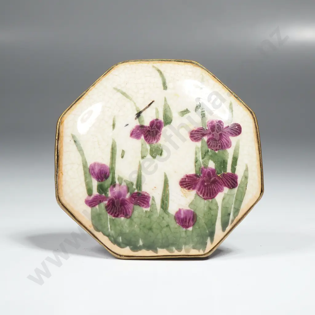 Octagonal Satsuma Brooch w Purple Irises w Japanese Character Signed Back Image 1++