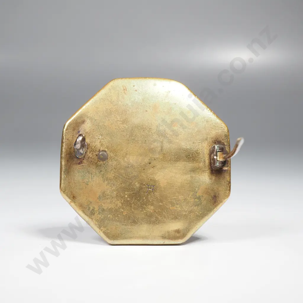 Octagonal Satsuma Brooch w Purple Irises w Japanese Character Signed Back Image 1++