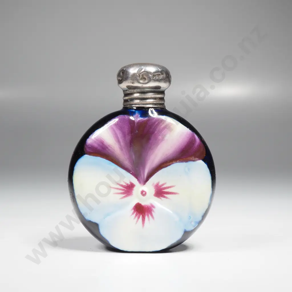 Miniature Porcelain Perfume Bottle w Hand Painted Pansy & Sterling Silver Screw Top Cap Image 1++