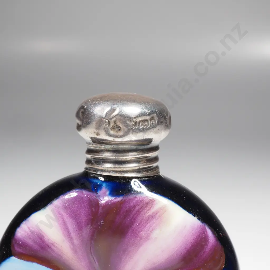 Miniature Porcelain Perfume Bottle w Hand Painted Pansy & Sterling Silver Screw Top Cap Image 1++