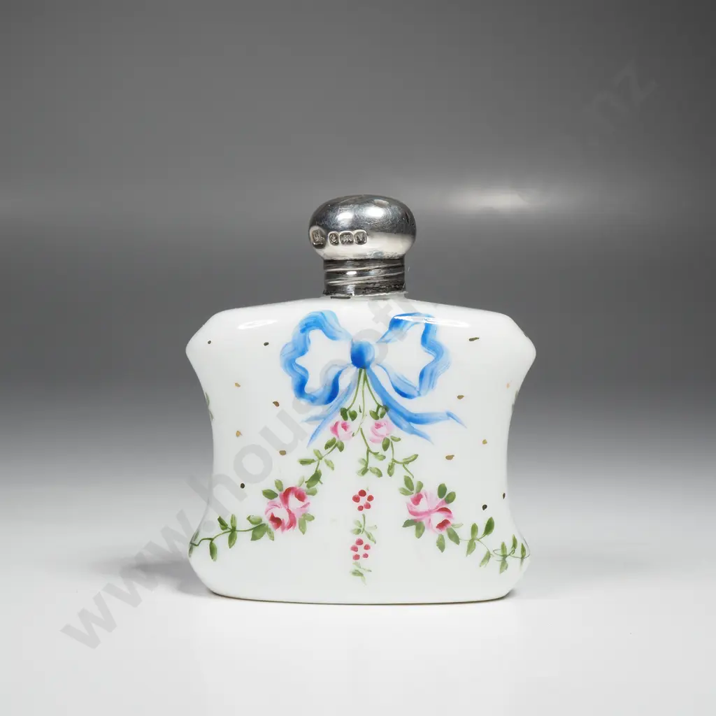 Small Porcelain Perfume Bottle w Sterling Silver Cap & Decorated w Roses & Blue Bow Image 1++
