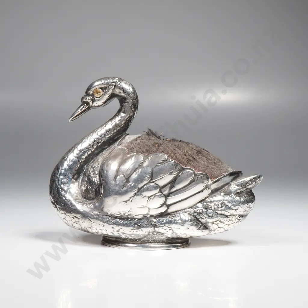 Large Antique Sterling Silver Pin Cushion in the Form of a Swan Image 1++