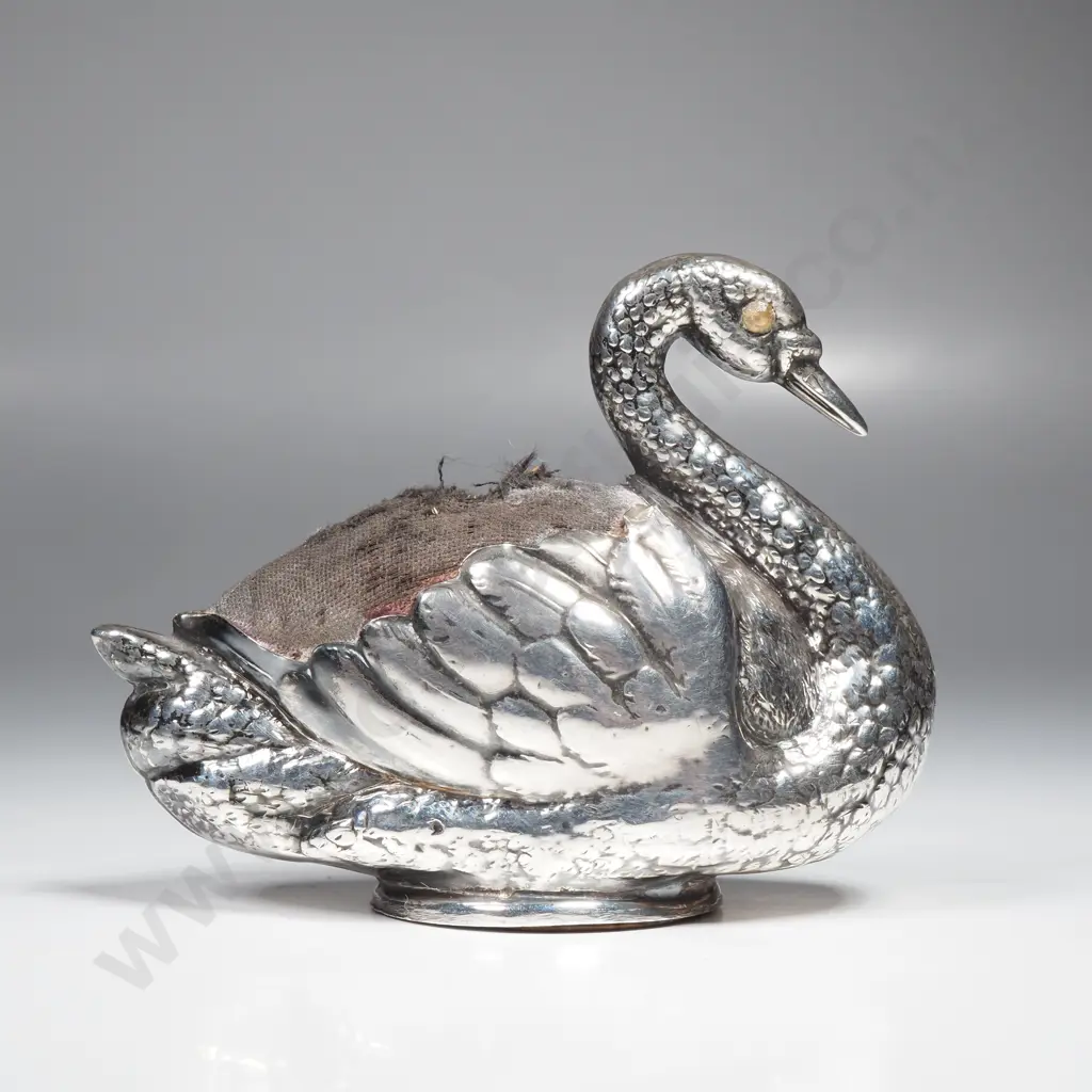 Large Antique Sterling Silver Pin Cushion in the Form of a Swan Image 1++