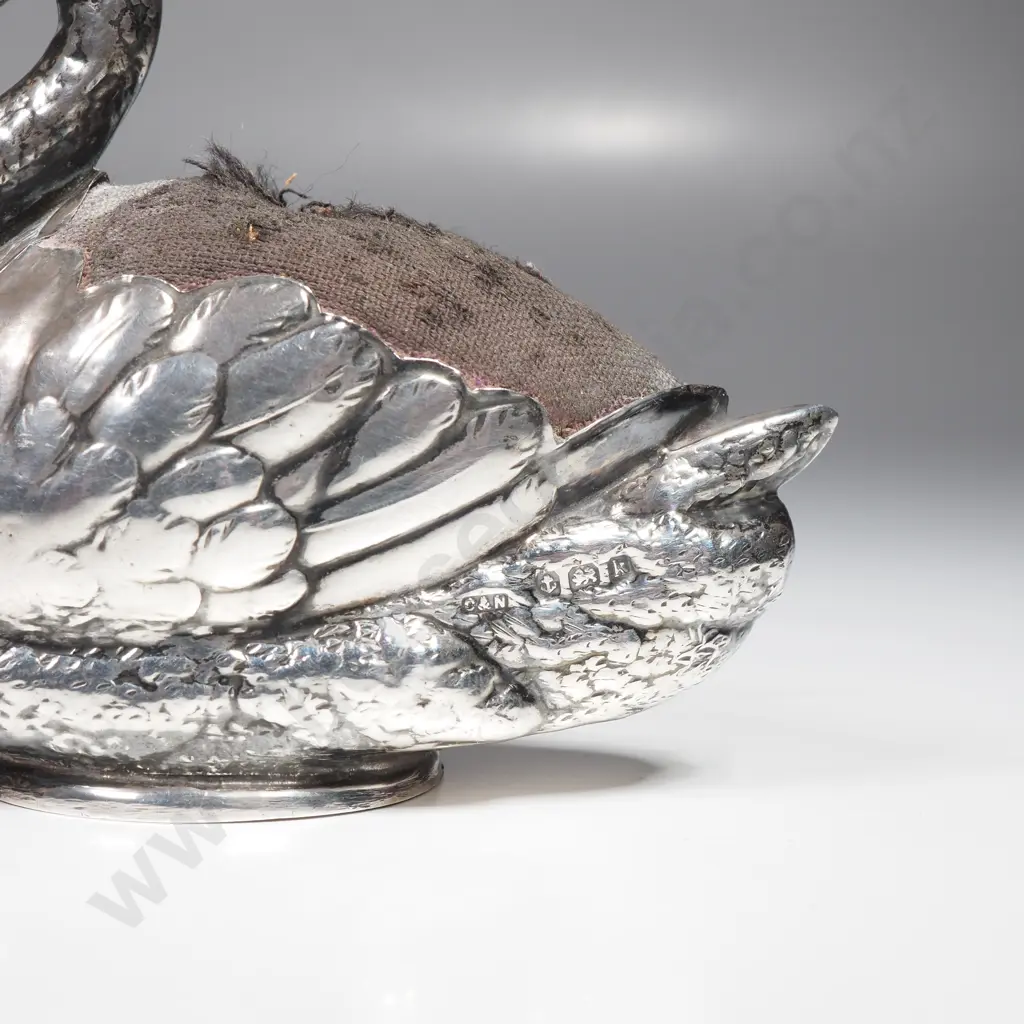 Large Antique Sterling Silver Pin Cushion in the Form of a Swan Image 1++