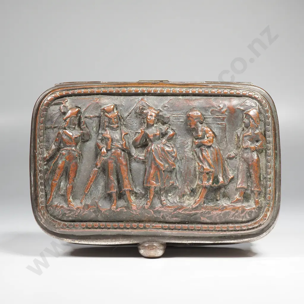 Repousse Copper Plated Trinket box w Figural Relief Figures on the Lid on Four Ball Feet Image 1++