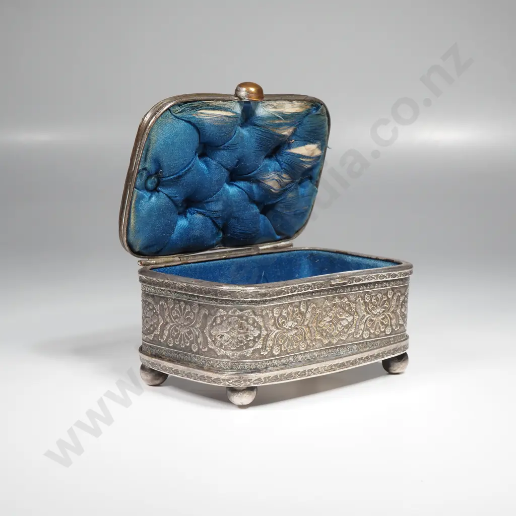Repousse Copper Plated Trinket box w Figural Relief Figures on the Lid on Four Ball Feet Image 1++