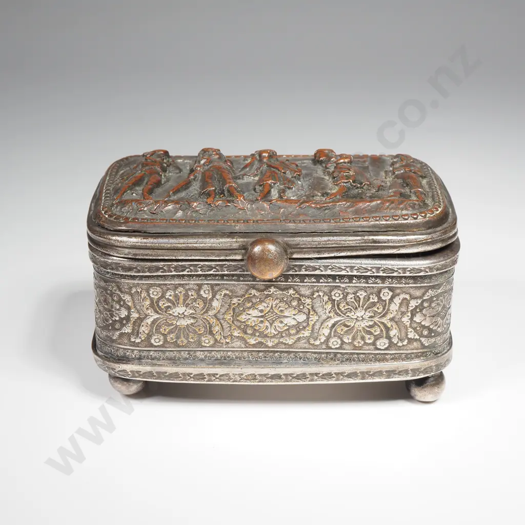 Repousse Copper Plated Trinket box w Figural Relief Figures on the Lid on Four Ball Feet Image 1++