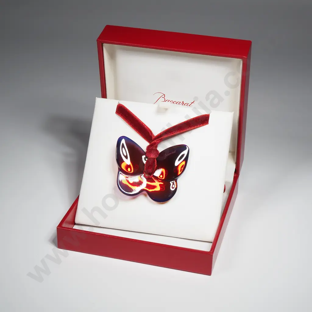 Boxed Baccarat Crystal Papillon Pendant w Iridescent Multi - Toned Pendant w Red Velvet Ribbon Image 1++