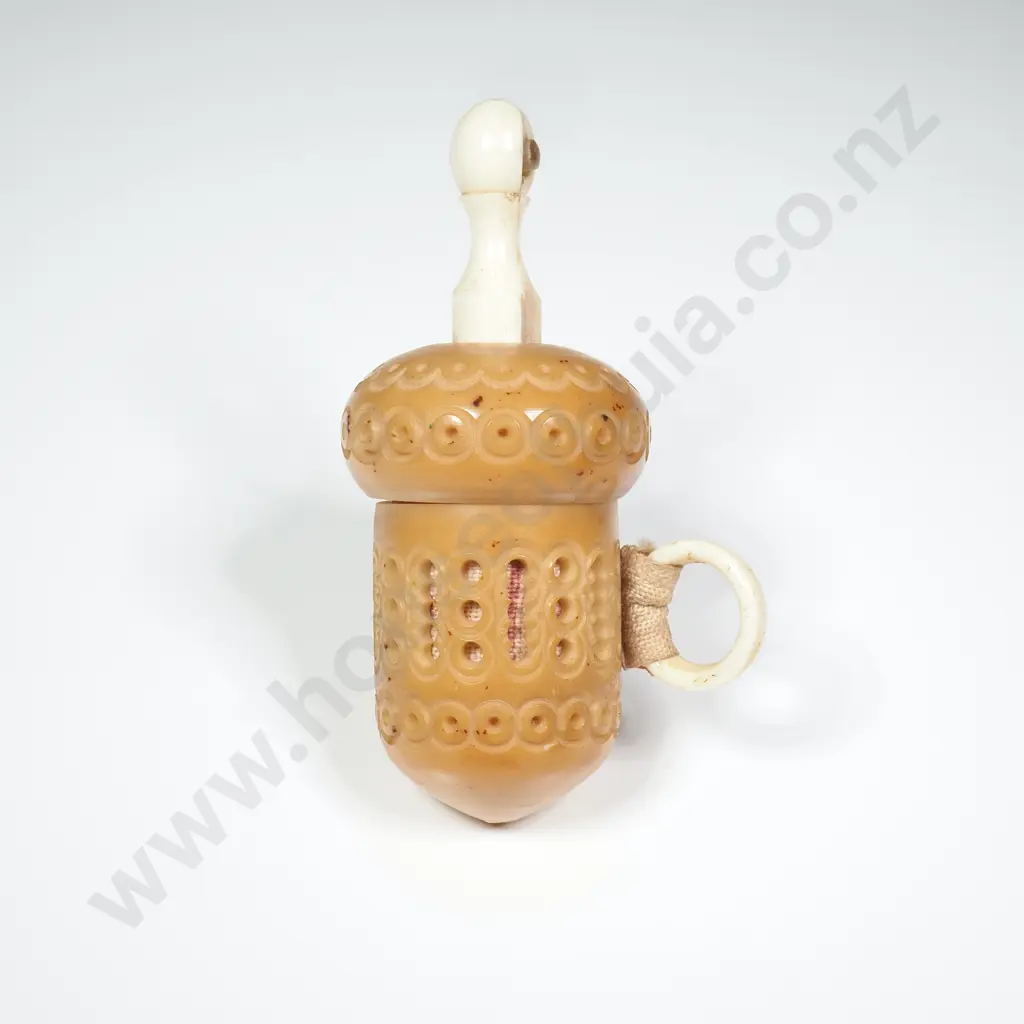 19th Century Sewing Tape Measure in the Form of an Tagua Nut, w Bone Winding Stem & Stanhope w Souvenir View Image 1++