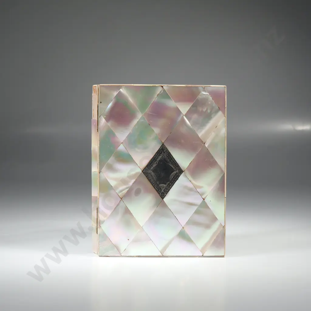 Victorian Mother of Pearl Card Case w Concertina Action & Silver Diamond Shape Cartouche Image 1++